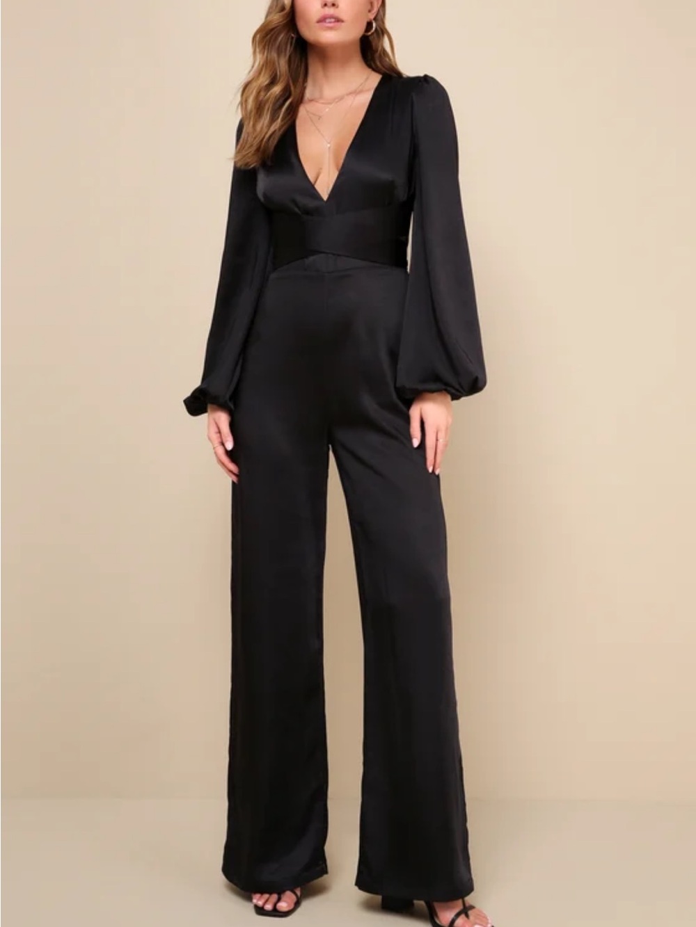 Lulu's Sensational Evening Black Satin Tie-Front Long Sleeve Jumpsuit